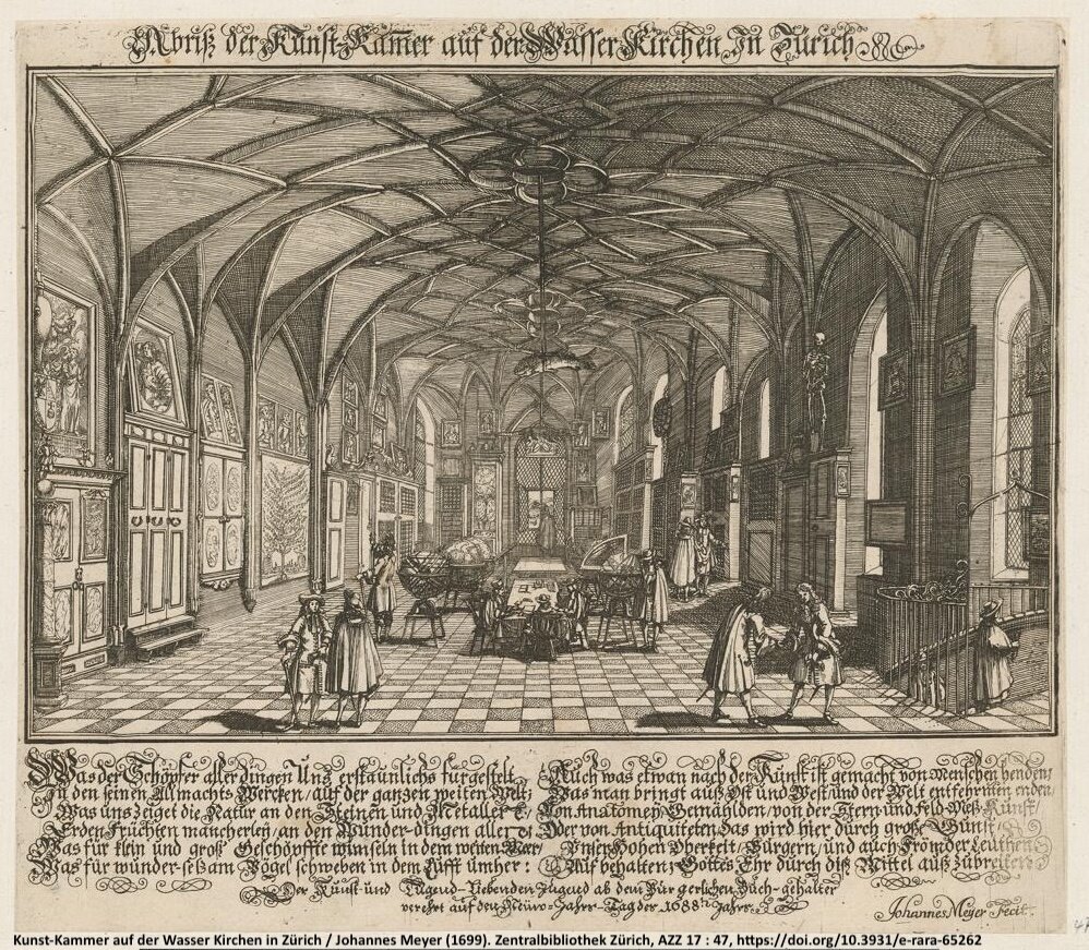 1699 engraving of a 'Kunstkammer' (cabinet of curiosities) in the Wasserkirche, Zurich, depicting visitors among scientific instruments, artworks, and various objects under vaulted ceilings.