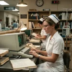 AI generaated. Historical display and archival setting illustrating nursing informatics, early computing, and clinical equipment.